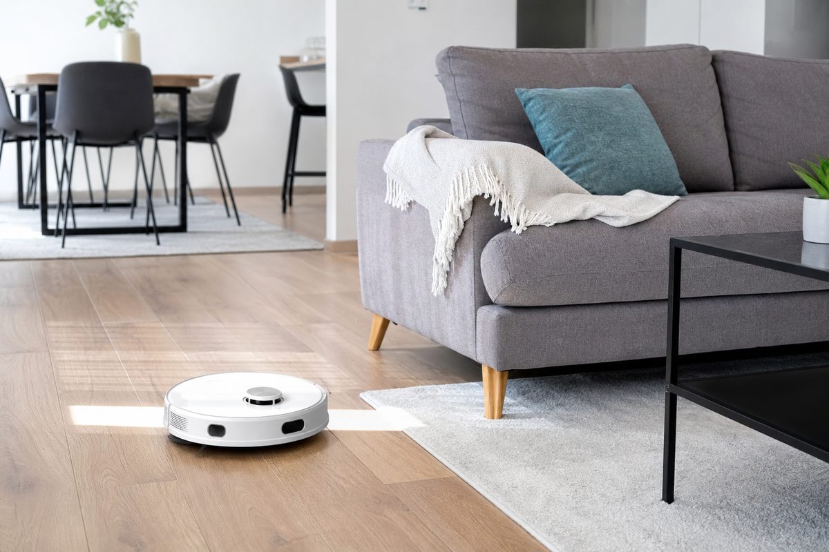 Robotski sesalnik čisti svetlo stanovanje z lesenimi tlemi