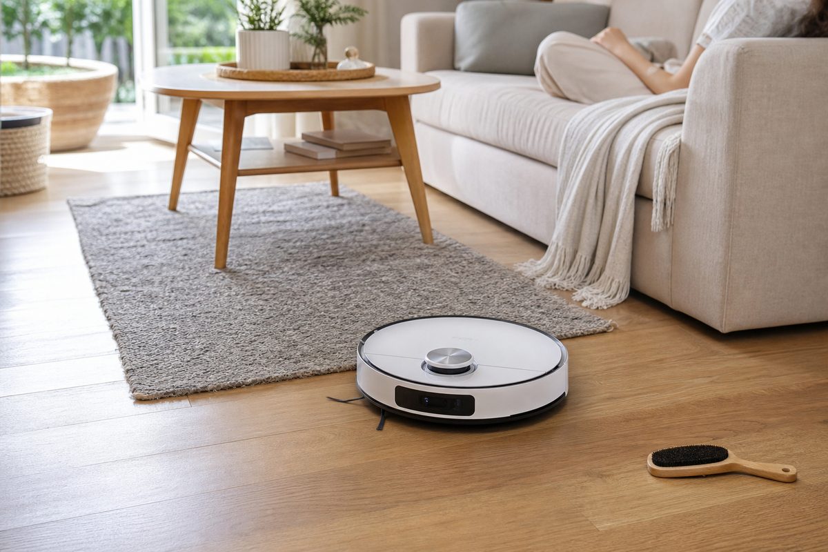 Robotski sesalnik čisti svetlo dnevno sobo z lesenimi tlemi