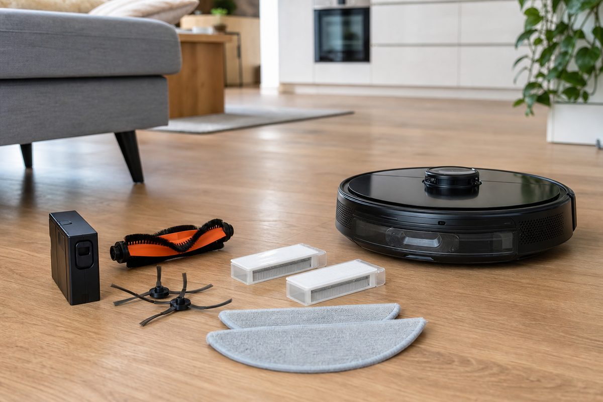 Robotski sesalnik z rezervnimi filtri, krtačami in krpicami