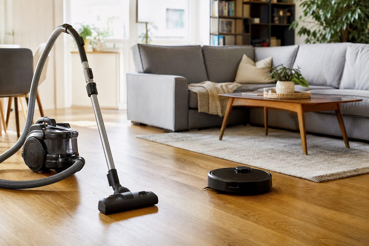 Robotski in klasični sesalnik v svetli dnevni sobi