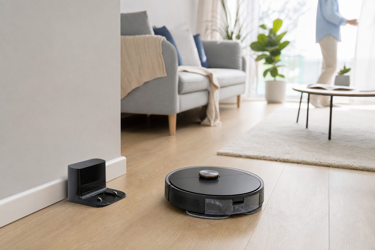 Robotski sesalnik z brisanjem čisti svetla tla v dnevni sobi